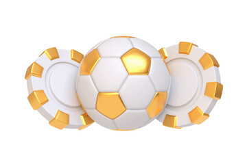 White and gold soccer ball flanked by two matching poker chips, representing sports and gambling themes. 3D render illustration