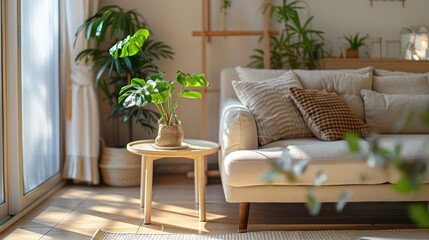 A sunlit living room showcasing a comfortable sofa with assorted pillows, a small round table with a houseplant, and various green plants enhancing the cozy interior design.