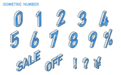 手書き風　ベクターのアイソメトリックの数字素材　ブルー