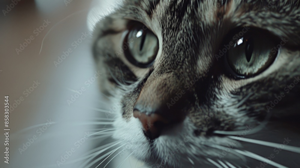 Poster Close up of a cat s face with blurred background viewed by the camera