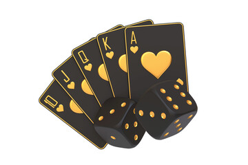 Stylized black and gold royal flush cards and dice, symbolizing luxury and winning in gambling and casino games. 3D render illustration
