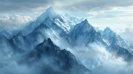 Majestic mountain peaks emerging through misty clouds, a serene and captivating natural vista.
