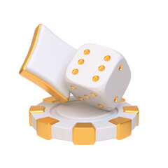 Dice and a poker chip, emphasizing themes of gambling, casinos, and gaming. 3D render illustration