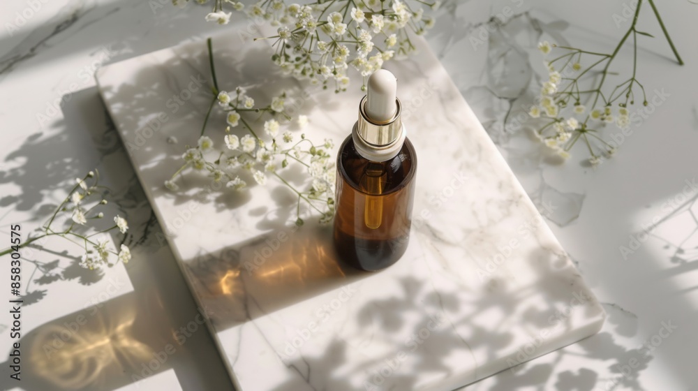 Poster a glass bottle with a dropper sits on a white marble surface with a branch of small white flowers ne