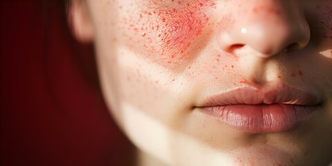 Closeup image of womans red facial rash caused by lupus allergy. Concept Skin Conditions, Lupus Allergy, Facial Rash, Closeup Image, Women's Health