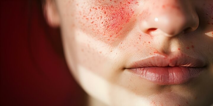 Closeup image of womans red facial rash caused by lupus allergy. Concept Skin Conditions, Lupus Allergy, Facial Rash, Closeup Image, Women's Health
