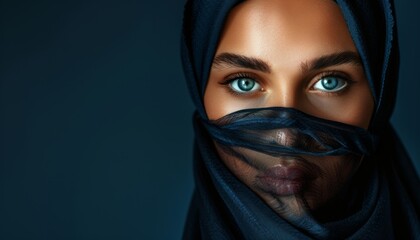 Naklejka premium Close-up portrait of a woman with striking blue eyes wearing a dark headscarf, exuding mystery and elegance against a dark background.