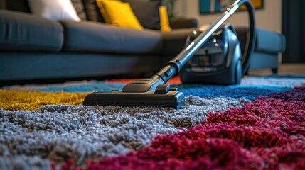 Fototapeta premium High pile carpet being vacuumed, highlighting the vacuum cleaner's ability to clean dense and luxurious carpets.