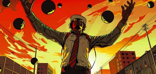 Vibrant urban illustration with a person standing against a sunset background holding clocks with city skyline.