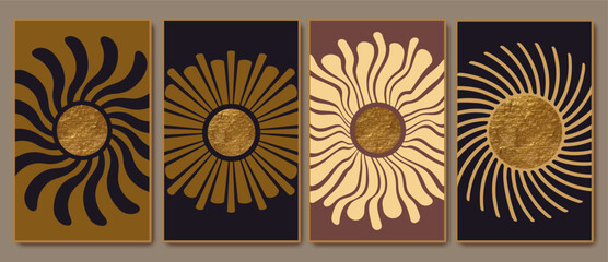 Retro sunburst.  Sun symbols. Boho modern minimalist style mirror. Design elements for decoration, logo. Wall art poster.
