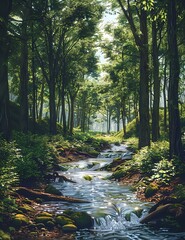 Fototapeta premium Stunning close-up of a serene forest stream with sunlight filtering through lush green foliage and a gentle flow of water over rocks and fallen branches. 8.5*11