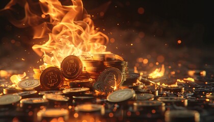 3D Render of Coins and Burning Banknotes Representing Inflation Crisis