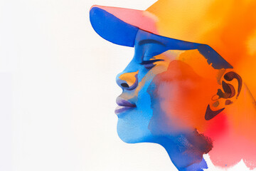 Obraz premium Colorful watercolor profile of a young African American person wearing a cap, symbolizing summer heat and sun protection