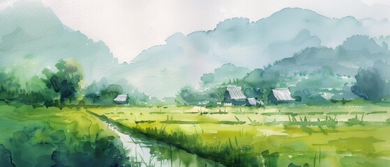 Serene Countryside Landscape With Rice Fields And Traditional Houses, Featuring Lush Greenery And Misty Mountains In The Background. The Scene Is Peaceful And Tranquil, Captured In A Watercolor Style.