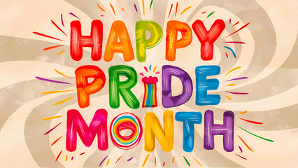 Fototapeta premium Joyful Hand-Drawn Typography Celebrating Happy Pride Month, Vibrant, Colorful Design on Pastel Backdrop