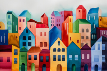 Fototapeta premium Colorful watercolor houses reflecting vibrant summer urban life and heat, perfect for summer tourism or lifestyle concepts