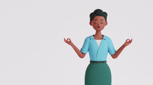Angry, stressed business woman doing meditation, trying to calm down and relax. 3d render character animation, cartoon style. Deep breath, yoga practice. girl takes break from work