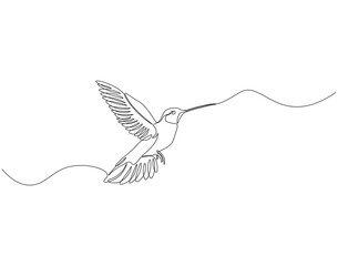 Obraz premium Continuous one line drawing of flying hummingbird. One line drawing illustration of colibri. Flying animal concept Single line. Editable outline.
