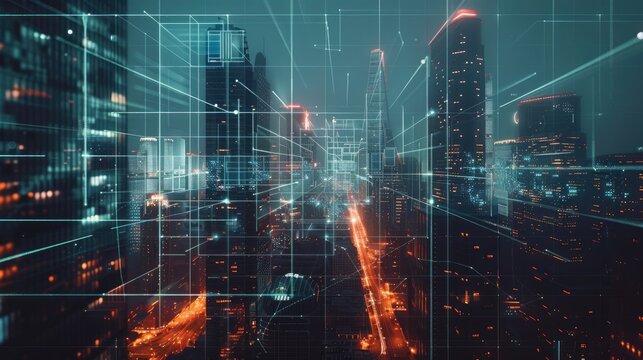 Futuristic cityscape seen from a building rooftop, with skyscrapers and a digital wireframe hologram overlay.