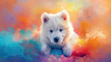 Adorable Samoyed pup on colorful backdrop