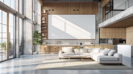 mock up design big empty canvas picture on wall of luxury modern airy living room with natural light on blank empty frame