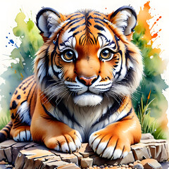 Naklejka premium watercolor illustration Bengal tiger, a powerful jungle predator with striking black and orange stripes