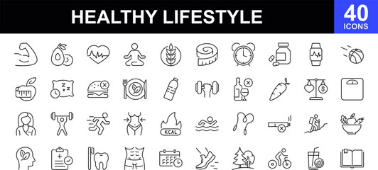Healthy lifestyle icon set. Contains such Icons as diet, exercise, sleep, running, routine, gym, nutrition, cardio exercises, sports supplements, yoga, self-care, culture and hobbies icons