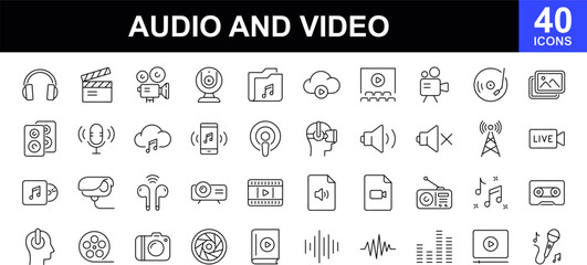 Audio and video icon set. Thin line icons set. Contains such icons as multimedia symbols, sound and music instruments, audio and video items and more. Vector illustration