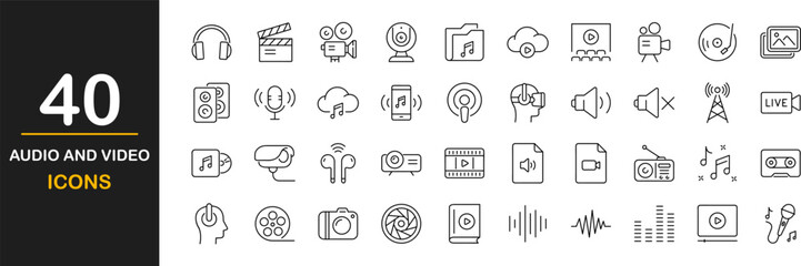 Audio and video icon set. Thin line icons set. Contains such icons as multimedia symbols, sound and music instruments, audio and video items and more. Vector illustration