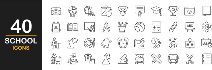 School icon set. Education and knowledge symbol. Contains such icons as education, learning, teaching, book, school, graduation cap, video tutorial and more. Vector illustration