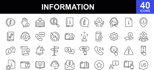 Information icon set. Contains such icons as call center, faq chat bubbles, Info help desk icons, question mark, search information, customer help service, manual, rule, instruction and more