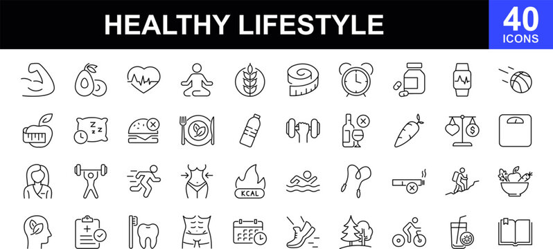 Healthy lifestyle icon set. Contains such Icons as diet, exercise, sleep, running, routine, gym, nutrition, cardio exercises, sports supplements, yoga, self-care, culture and hobbies icons