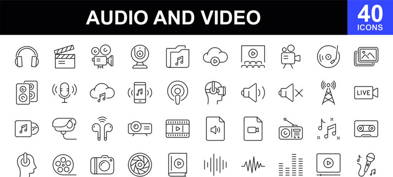 Audio and video icon set. Thin line icons set. Contains such icons as multimedia symbols, sound and music instruments, audio and video items and more. Vector illustration