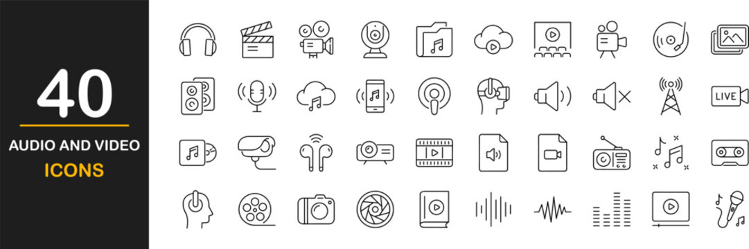 Audio and video icon set. Thin line icons set. Contains such icons as multimedia symbols, sound and music instruments, audio and video items and more. Vector illustration