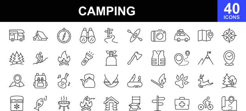 Camping icon set. Simple set of travel outdoor related vector line icons. Contains such icons as tent, compasses, campfire, map, tourist, hiking, camp trailerand, camping equipment and more