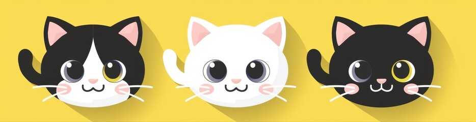 Icons set of cute black gray white cat kitten kitty head silhouettes. Happy Valentine's Day. Baby greeting card tshirt notebook cover print. Yellow background. Flat design.