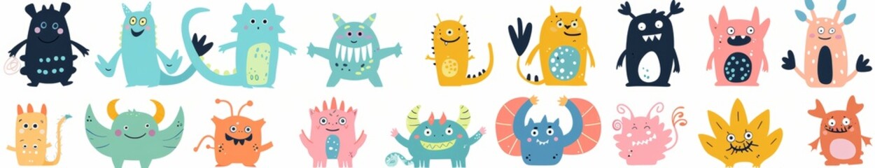 Obraz premium Super big monster icon set. Happy Halloween. Cute cartoon kawaii baby character. Funny head face colorful silhouette. Horned teeth fang tongue. Hands up, down. Flat design. White background.