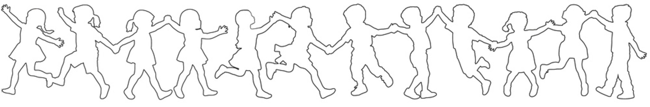 Decorative art illustration depicting happy children in festive event, running or dancing, end of school year or party, playing together, adorable silhouettes outlined in black on white page border