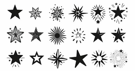A set of sparkles stars sign symbols. Flat design, black color on white background. Christmas decoration element.