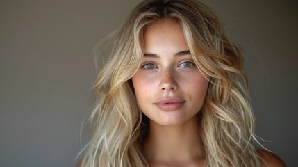 Naklejka premium A close-up portrait of a woman with long, flowing blonde hair and bright green eyes. She is looking directly at the camera with a soft, gentle expression.