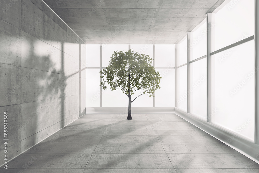 Poster Alone Green Tree in Empty Office Room. 3d Rendering