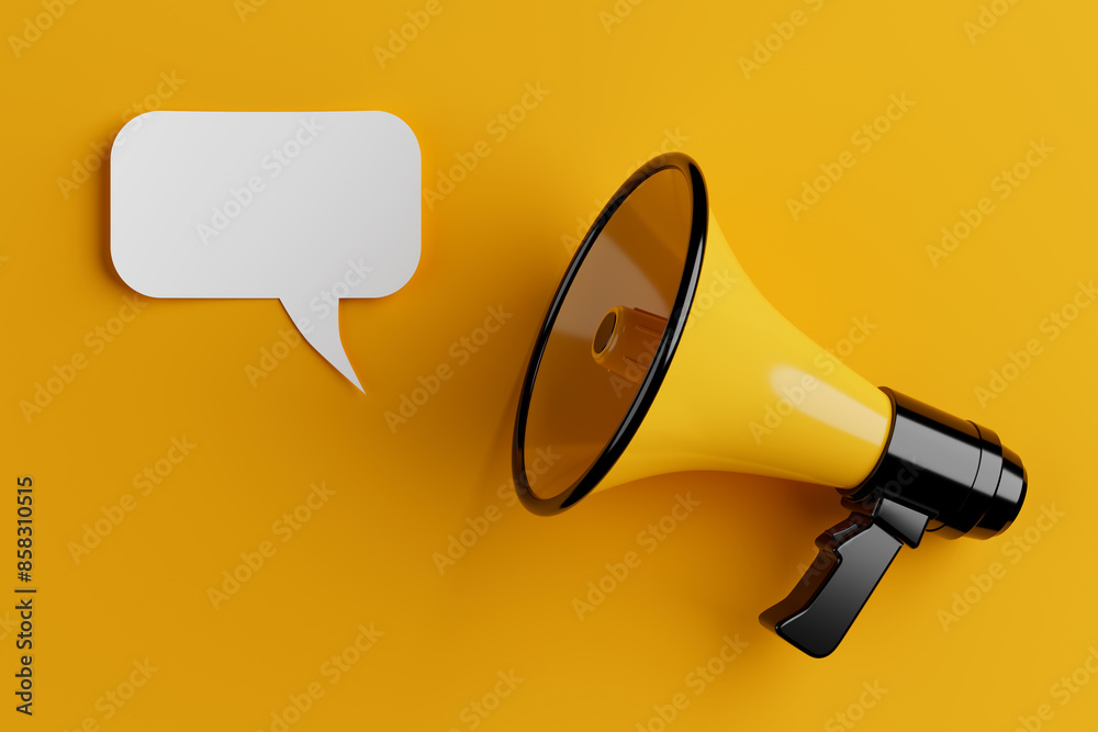 Aufkleber Yellow Megaphone with Empty Speech Clouds Chat Bubble. 3d Rendering