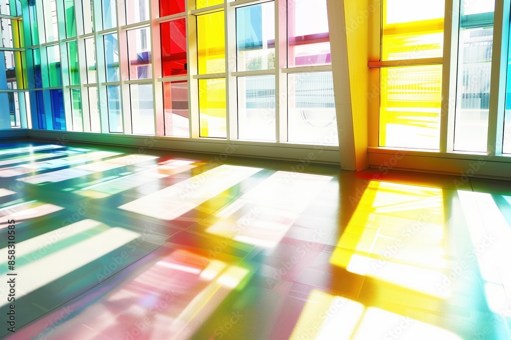 Poster a colorful room with a lot of windows and a lot of light. the light is coming in through the windows