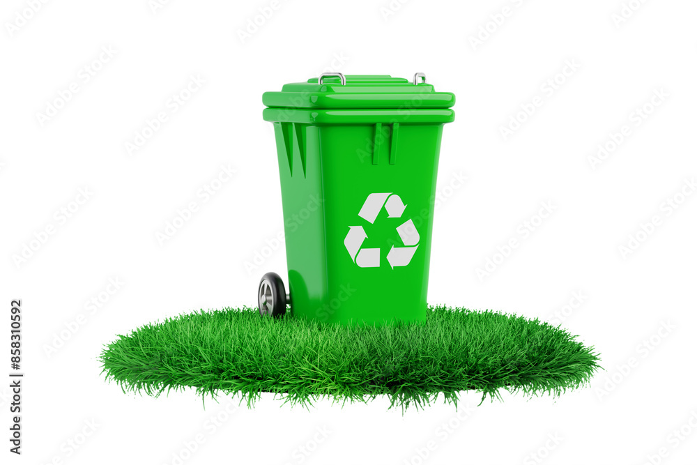 Poster Recycle Sign Green Garbage Trash Bin on a Green Grass Podium Stage. 3d Rendering
