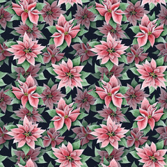 Watercolor Christmas poinsettia flowers in pink and green floral seamless pattern on dark blue background for vintage holidays textiles, tablecloth and festive banners