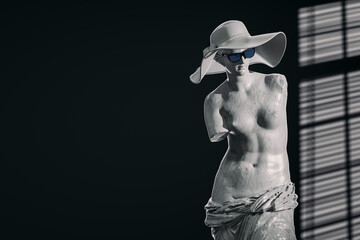 Abstract Venus Statue with Sunglasses and Hat Stands on a Pedestal in Light from Window. 3d Rendering