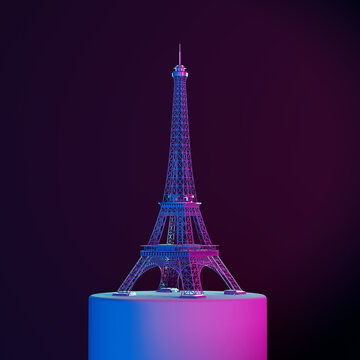 Abstract Eiffel Tower Building on a Pedestal in Neon Light. 3d Rendering