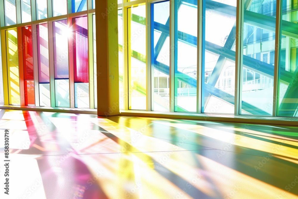 Poster a colorful room with a window that lets in sunlight. the room is bright and cheerful, with a rainbow