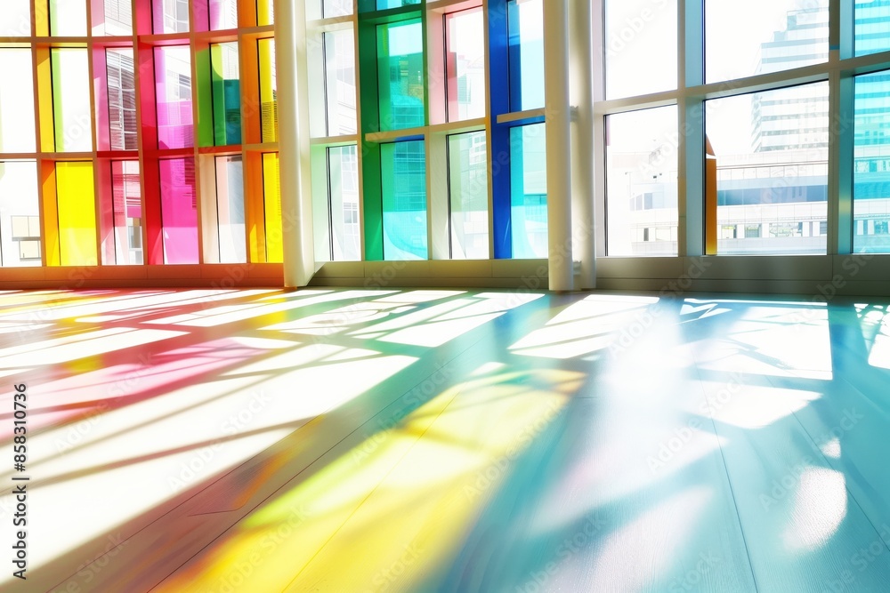Poster A room with a colorful window and a white floor. The room is bright and cheerful. The sunlight is shining through the window, creating a rainbow effect on the floor