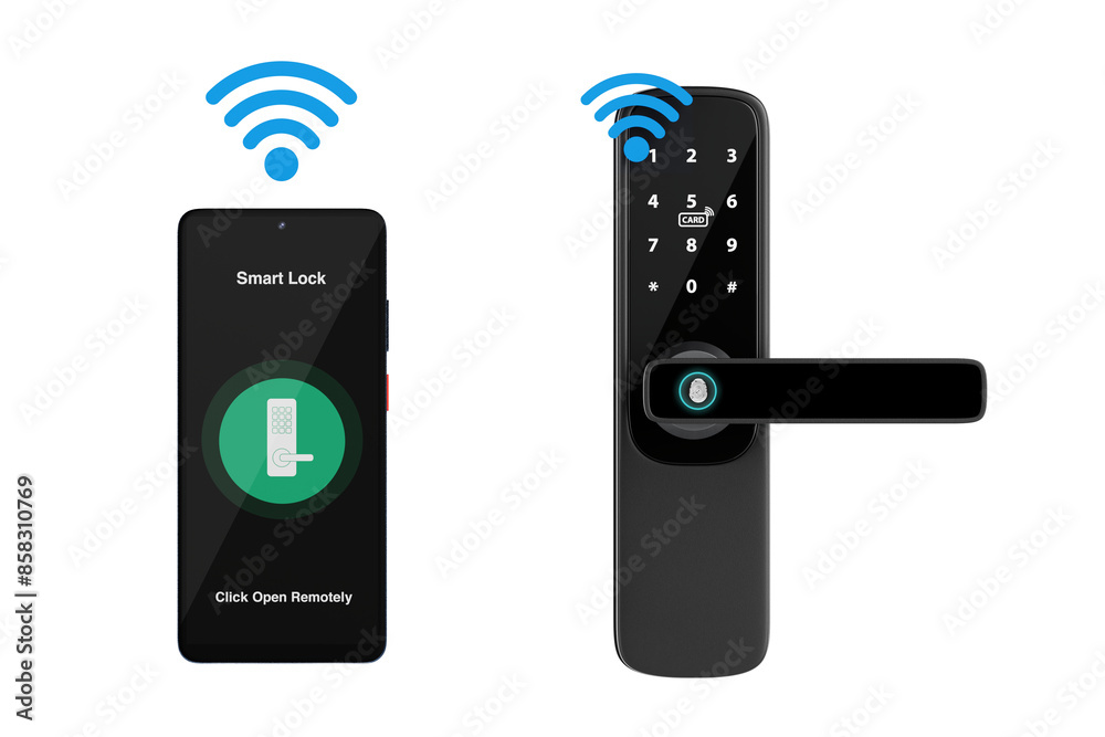Fototapete inteligente biometric smart door lock with digital keypad controlled by mobile phone with door open 
